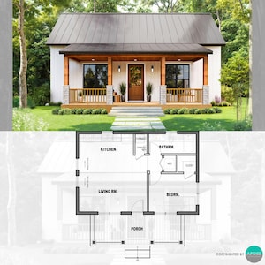 May include: A single-storey house design featuring a dark metal roof, white siding, and a wooden front porch with stone-based columns. Below the exterior view is a black and white floor plan layout showing a kitchen, living room, bedroom, and bathroom.
