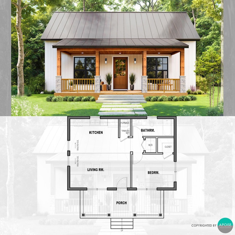 May include: A single-storey house design featuring a dark metal roof, white siding, and a wooden front porch with stone-based columns. Below the exterior view is a black and white floor plan layout showing a kitchen, living room, bedroom, and bathroom.