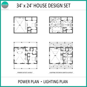 May include: A 34' x 24' house design set featuring four black and white architectural floor plans. The document includes a power outlet layout and a lighting fixture and switch layout, with clear technical diagrams for residential electrical planning.