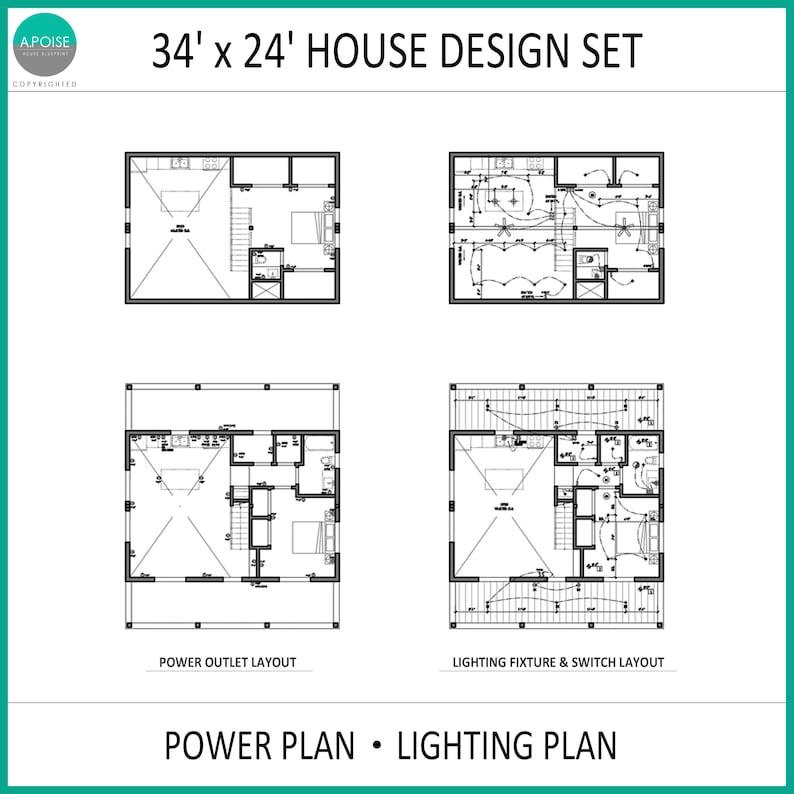 May include: A 34' x 24' house design set featuring four black and white architectural floor plans. The document includes a power outlet layout and a lighting fixture and switch layout, with clear technical diagrams for residential electrical planning.