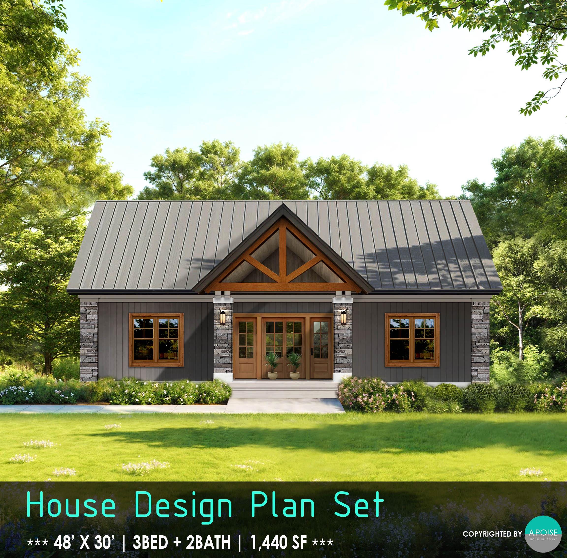 48x30 Farmhouse Cottage House Plans: 3 Bed, 2 Bath, 1440 SF (PDF Download)
