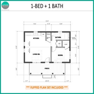 Puede incluir: Un plano arquitect&oacute;nico en blanco y negro para una casa de 1 dormitorio y 1 ba&ntilde;o que mide 9,45 metros por 6,4 metros. El dise&ntilde;o incluye cocina, sala de estar, dormitorio, ba&ntilde;o, armario y un porche delantero. El texto incluye 1-BED + 1 BATH.
