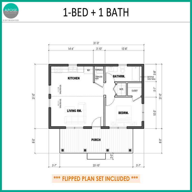 Puede incluir: Un plano arquitect&oacute;nico en blanco y negro para una casa de 1 dormitorio y 1 ba&ntilde;o que mide 9,45 metros por 6,4 metros. El dise&ntilde;o incluye cocina, sala de estar, dormitorio, ba&ntilde;o, armario y un porche delantero. El texto incluye 1-BED + 1 BATH.