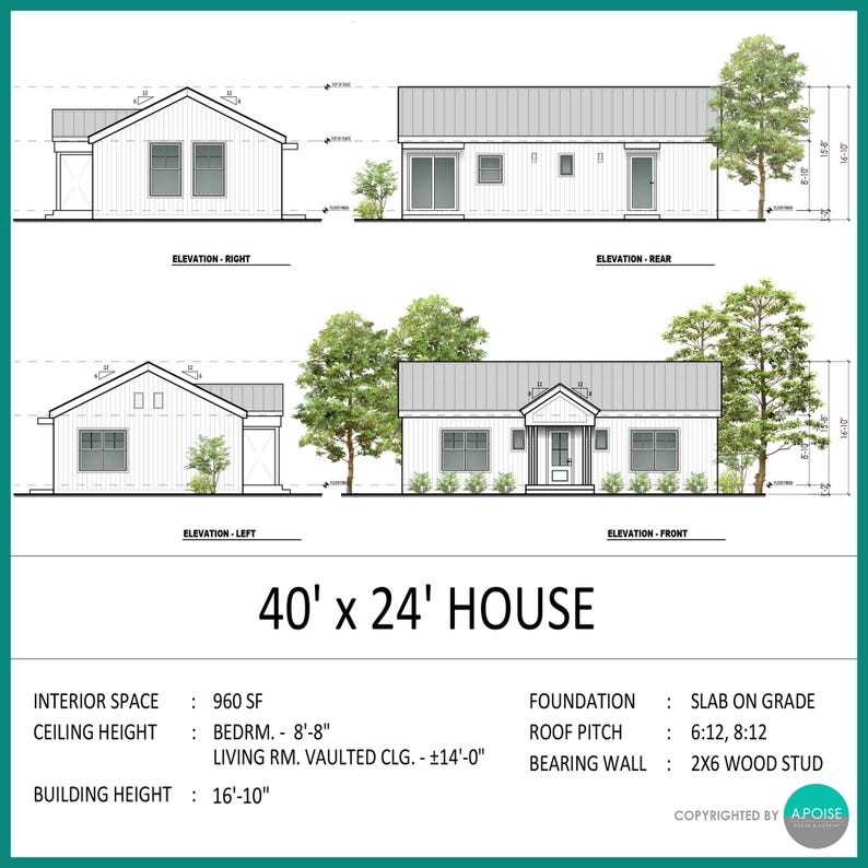 960 SF ADU House Plans – 2 Bed 2 Bath, Modern Small Home (PDF) image 3