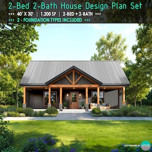 Plano arquitectónico de casa de campo de 40'x30' y 1200 pies cuadrados, con 2 dormitorios y 2 baños - Planos de casas modernas (Descarga PDF)