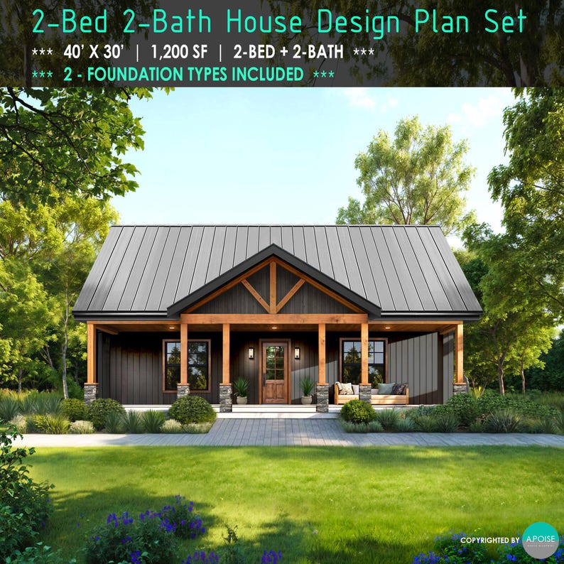 40'x30' 1,200SF Farmhouse Blueprint 2Bed 2Bath Small House Design Architectural Plan - Modern House Floor Plans (PDF Download) image 1
