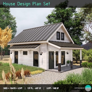 Cabin House Plans With Loft - 21&#39;x29&#39; Cabin Drawing - Off Grid Cabin Plan -  Custom Tiny House 757SF Cabin Blueprint