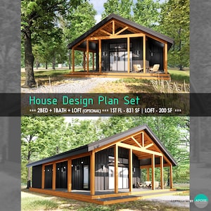 Ensemble de plans de maison avec mezzanine 32'x34' - Maison personnalisée 1 031 pieds carrés avec véranda