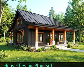 Small House Architectural Plan - Modern Farmhouse Blueprint 1Bed 1.5Bath (PDF Download)
