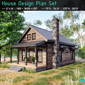 Cabin Plans with Loft 21&#39;x36&#39; Small House Plans Blueprint - Guest Cabin Plans - Brown Wood Cabin -  House with Fireplace