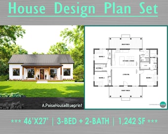 Modern Farmhouse Plans - 3 Bed, 2 Bath House Blueprint (PDF Download)