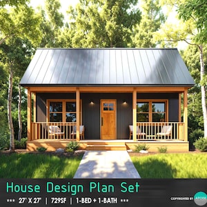 Cabin House Plans 27&#39;x27&#39; House Design Plans - Custom Tiny House 729SF Cabin House Blueprint, Modern Cabin, ADU Backyard House 1bed 1 bath