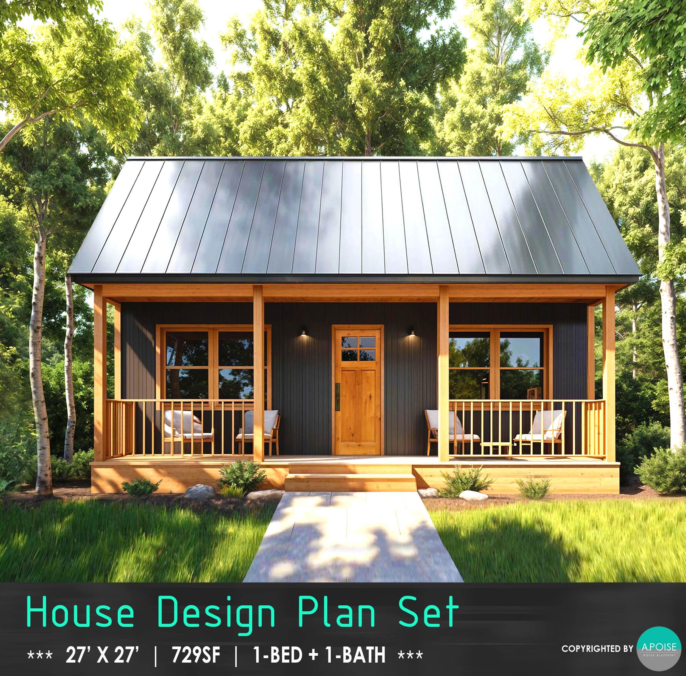 Cabin House Plans 27'x27' Home Plans - 1bed 1bath Custom Tiny Floor Plan  729SF Cabin Blueprint, Modern House, ADU Backyard - Etsy Israel, image size:2304x2268