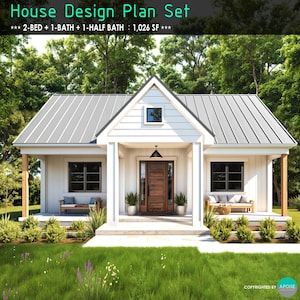Tiny House-plannen Huis met 2 slaapkamers en 2 badkamers met veranda Plattegronden Huisontwerpplannen - Custom Home-plan 1,026SF ADU Small Cabin-plannen