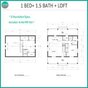 May include: Architectural floor plan for a 1 bed, 1.5 bath home with a loft. The document displays a main floor plan and a loft floor plan with dimensions in feet and inches, including a front porch, rear porch, kitchen, dining, and living area.