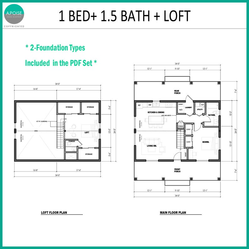 May include: Architectural floor plan for a 1 bed, 1.5 bath home with a loft. The document displays a main floor plan and a loft floor plan with dimensions in feet and inches, including a front porch, rear porch, kitchen, dining, and living area.