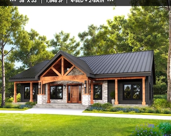 4bed 2bath House Plans 56'x33' Floor Plan - Modern Farmhouse 1,848SF - Cottage Blueprint - PDF Download