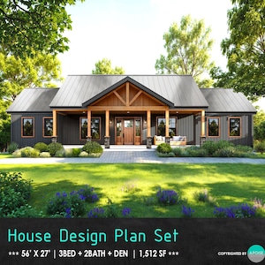 3Bed 2Bath 56&#39;x27&#39; Farmhouse Plans Blueprint - 1500 SF Ranch House Plan - Cottage Custom Home Building - PDF Download