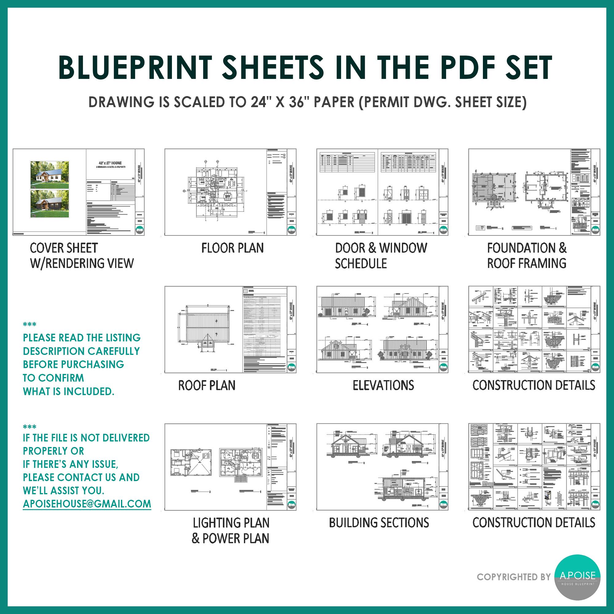 Chapter Blue Print Sheets Farmhouse Cottage - 2 Bedroom House Plans (PDF Download, 1,134SF ...