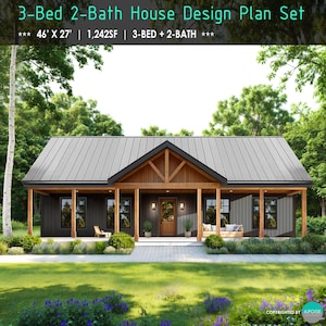Huis met 3 slaapkamers en 2 badkamers 46'x27' boerderijplattegrond met voor- en achterveranda Huisontwerp bouwplannen - Custom House 1.242SF Ranch House Blueprint