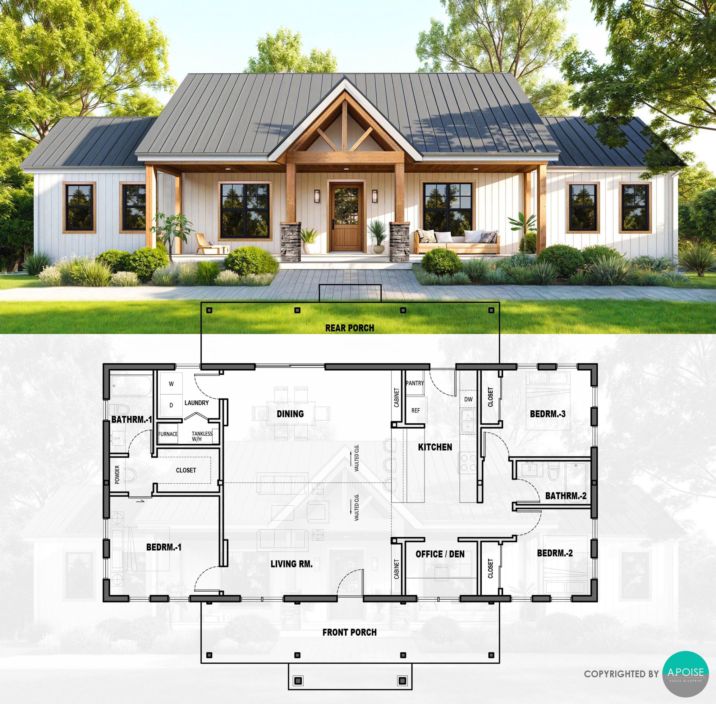 House Plans 3bedroom 2bath Farmhouse Design Plans - 56' X 27' Custom  1,512SF Modern Ranch House Blueprint - Etsy, image size:2304x2268