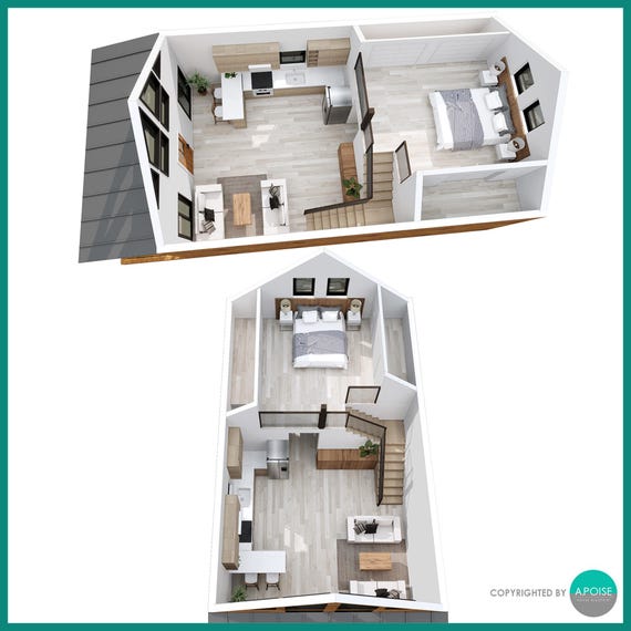 Small Cabin Plan with Loft 21'x34' House Plan Blueprint - 1 Bed with Loft Custom Cabin House Blueprint, Natural Wood Log Cabin