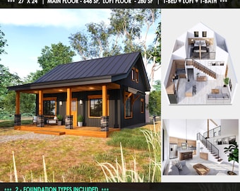 Modern Black Cedar Small Cabin Plan: 928 SF Loft House Blueprint (PDF Download)