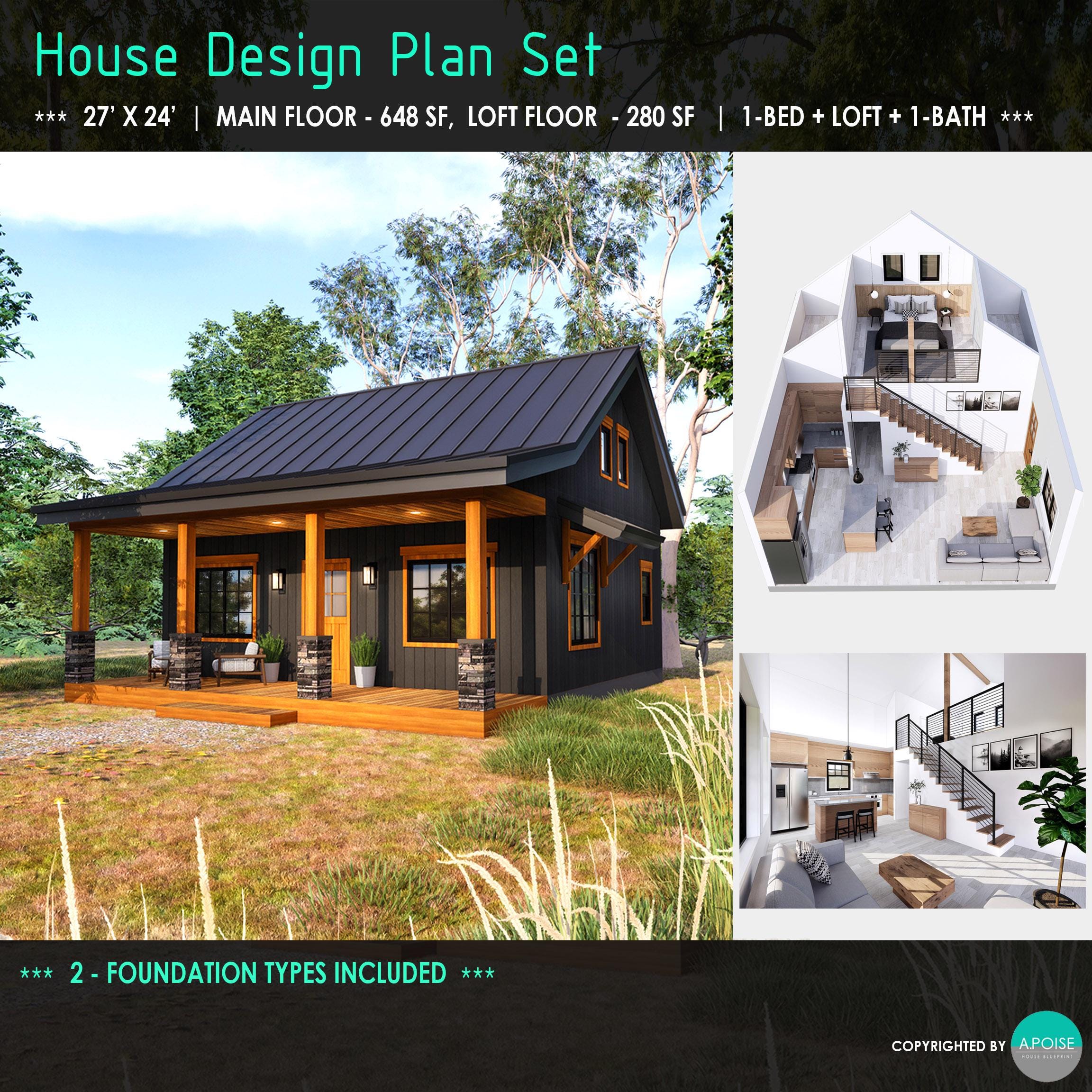 AV 227／228 24 World Houses Cabin Plan With Loft: 27'x24', 928 SF Small House Blueprint