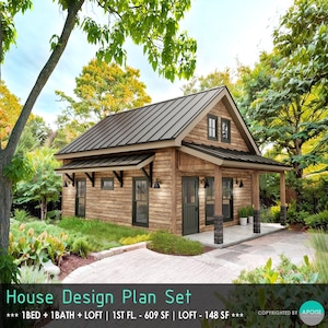 Cabin House Plans with Loft  21&#39;x29&#39; House Design Plan Set - Custom Tiny House 757SF Cabin House Blueprint