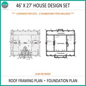 May include: A 46' x 27' house design set featuring a roof framing plan and a foundation plan. The document includes two separate PDF sets with two foundation types, specifically labeled as slab on grade, with technical architectural drawings.