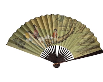 Abanico de pared plegable extragrande chino vintage de los años 60, pintado a mano, para mujer, marca WillowTree, 44 pulgadas.
