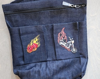 Men's popart Black Denim walker bag with Flame and Motorcycle Patches