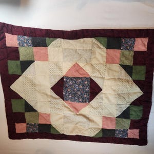 Handmade Patchwork Quilted Pillow Sham Burgundy Green Farmhouse Floral Gingham