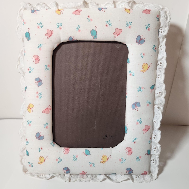 Picture Frame Eyelets Vintage 1985 Handmade Fabric Butterfly Picture Frame Eyelet Lace Trim ...