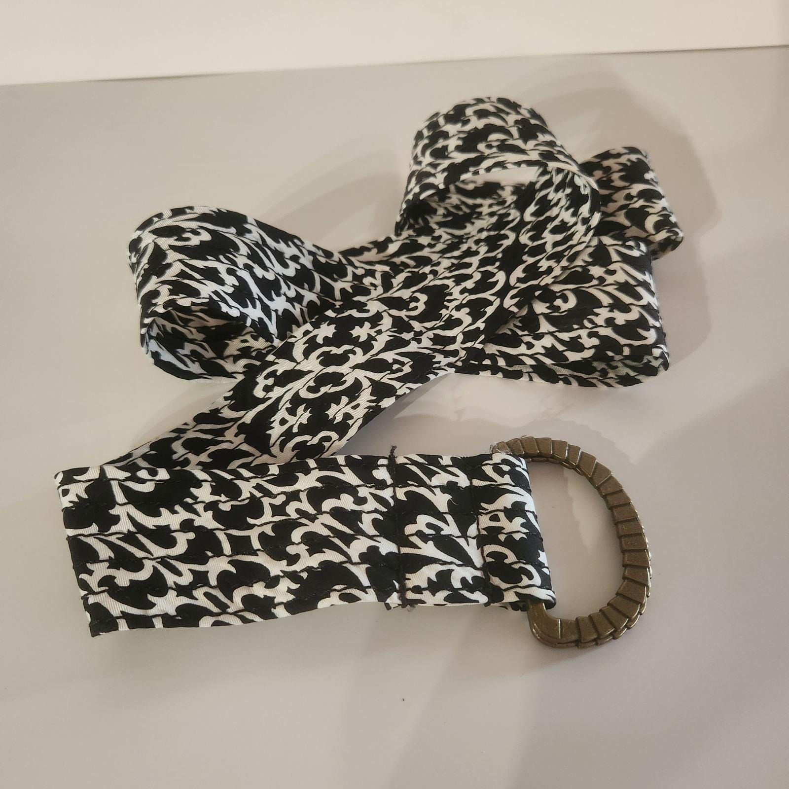 J Crew Y2k 100% Silk Belt Black White Damask Print Gold Tone 