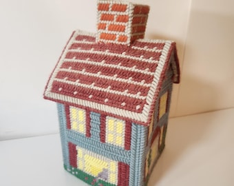 Vintage handgemaakte plastic Cottage House TissueBox-hoes Kitscherige cottagecore
