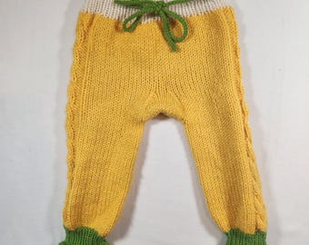 Handgemaakte gebreide kinderbroek geelgroen witte kabelgebreide legging met trekkoord