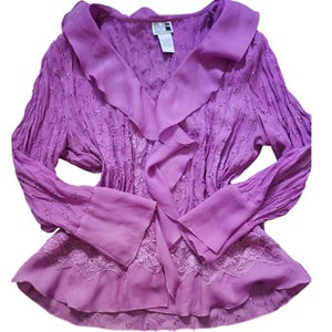Y2k Modern Images Purple Embroidered Ruffle Blouse Long Sleeve Size L