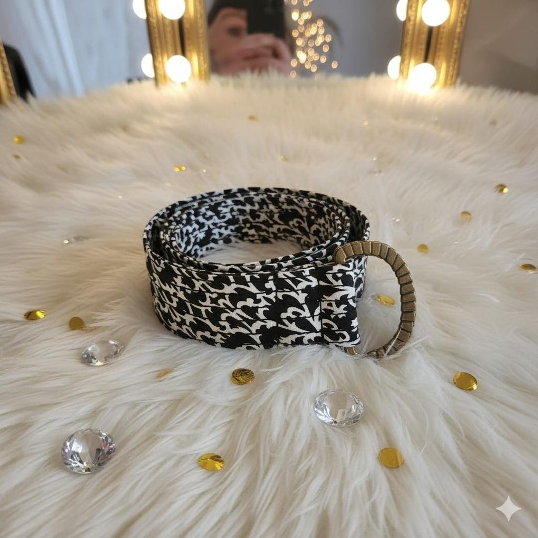 J Crew Y2k 100% Silk Belt Black White Damask Print Gold Tone  display picture 2