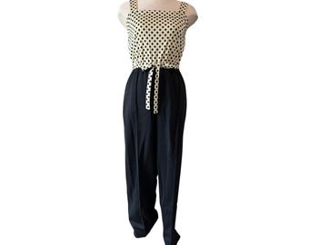 Jaren 90 vintage Sears Place de la Mode polkadot jumpsuit zwart crème wijde pijpen retro
