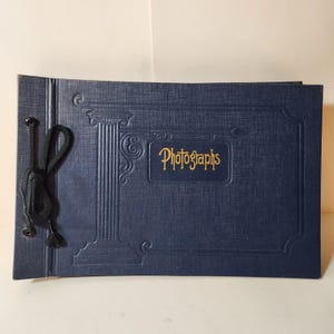 1940s Vintage Navy Blue Photo Album Embossed Greek Column String Bound Scrapbook