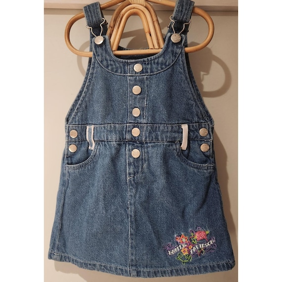 Vintage Harley Davidson Denim Overalls Dress Toddler Girl 4T Embroidered Roses