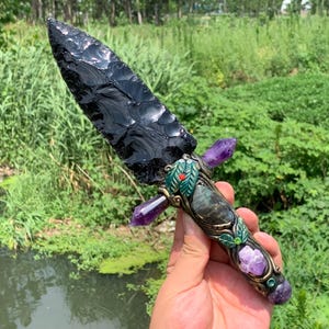 9.8&#39;&#39;+ Natural Obsidian quartz,quartz crystal,hand carved,crystal knife,Big knife skull,Crystal specimen,Crystal Gifts 1pc