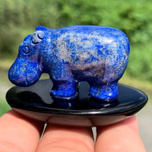 Könnte beinhalten: Eine blaue Lapis-Lazuli-Nilpferdfigur mit weißen und goldenen Flecken, die auf einem kleinen, schwarzen, ovalen Sockel steht. Das Nilpferd ist mit detaillierten Merkmalen geschnitzt. Der Hintergrund ist ein verschwommenes Grün. Der Sockel hat etwa 5 cm Durchmesser.