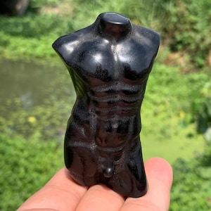 Peut inclure: Une sculpture noire et brillante d'un torse masculin. La sculpture présente des muscles abdominaux détaillés et une surface lisse et polie. La figurine est tenue dans une main, avec un arrière-plan vert flou.