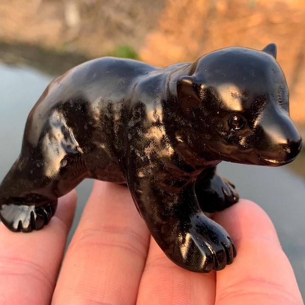 3.2''+ Natural Obsidian quartz,quartz crystal,Crystal Polar Bear,Bear Skull,Hand Carved Crystal Gifts 1pc