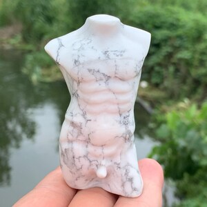 Peut inclure: Une sculpture de torse en marbre blanc avec des veines grises. La sculpture représente une figure masculine avec des muscles abdominaux et une poitrine définis. La sculpture est tenue dans une main, avec un arrière-plan naturel d'eau et de verdure.