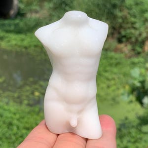 Peut inclure: Une figurine de torse masculin blanc sculpté. La figurine est lisse et détaillée, représentant le haut du corps avec une musculature définie. La sculpture est tenue dans une main sur un fond vert flou.