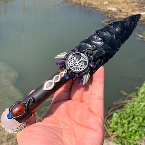 8.8&#39;&#39;+ Natural Obsidian quartz,quartz crystal,hand carved,crystal knife,Dagger skull,Crystal specimen,Crystal Gifts 1pc