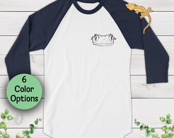 Cara de gecko crestado, dibujo lineal, negro - Arte dibujado a mano, camiseta raglán unisex de manga 3/4, regalo para dueños de reptiles y amantes de los herpetos.